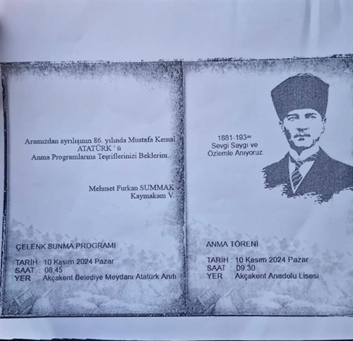 KAYMAKAMIMIZ SAYIN MEHMET FURKAN SUMMAK'ın “10 KASIM ATATÜRK'Ü ANMA GÜNÜ” MESAJI